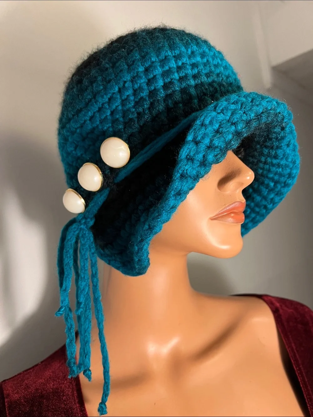 Hand-Knit Teal Cloche Hat with Velvet Band and Button Trim